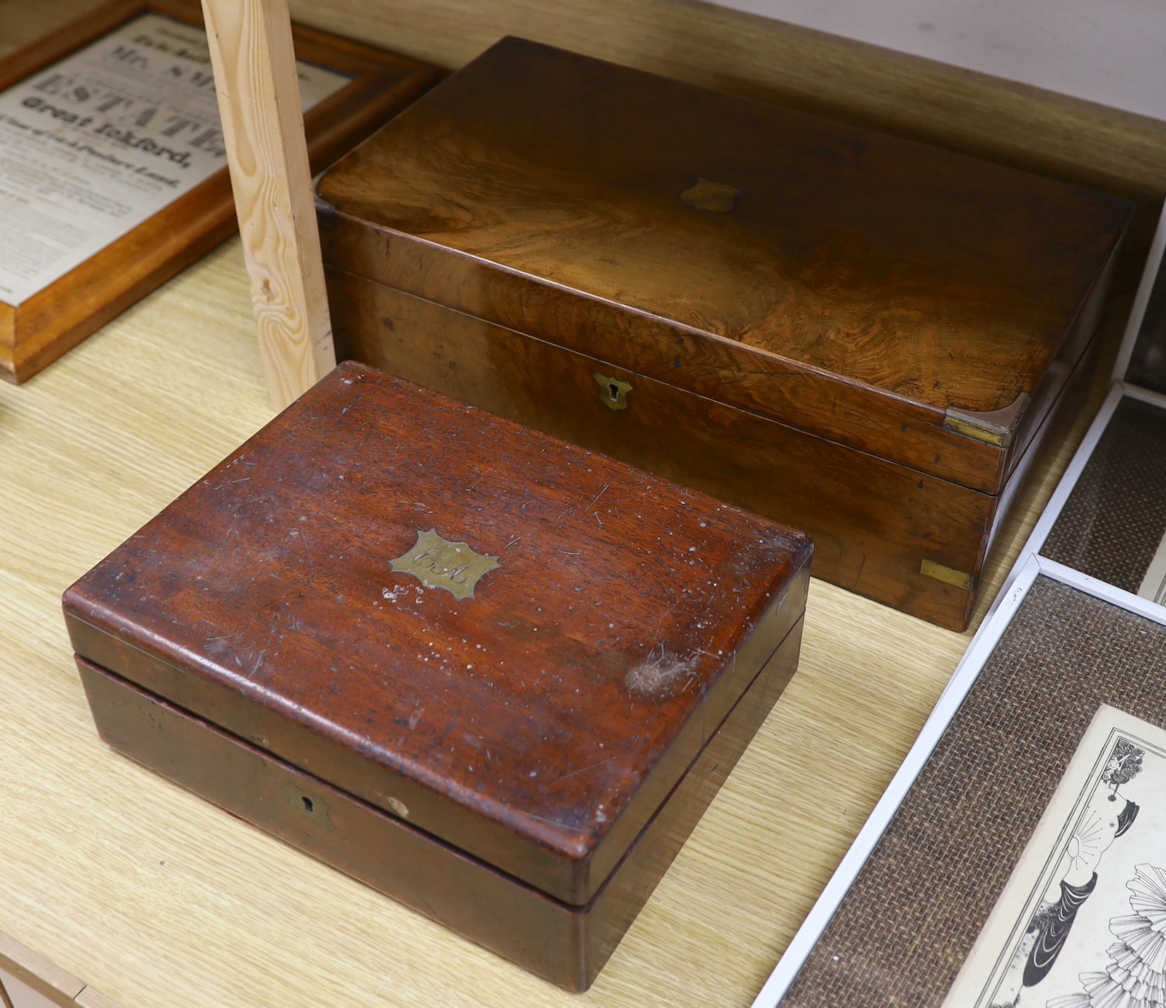 A brass bound Victorian mahogany writing slope and another smaller writing slope, 45cm wide, 15cm high